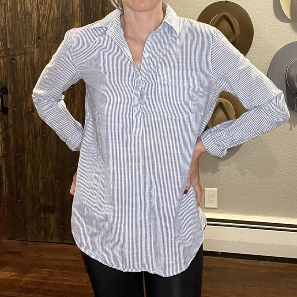 Blue and White Striped 1/4 Button Blouse